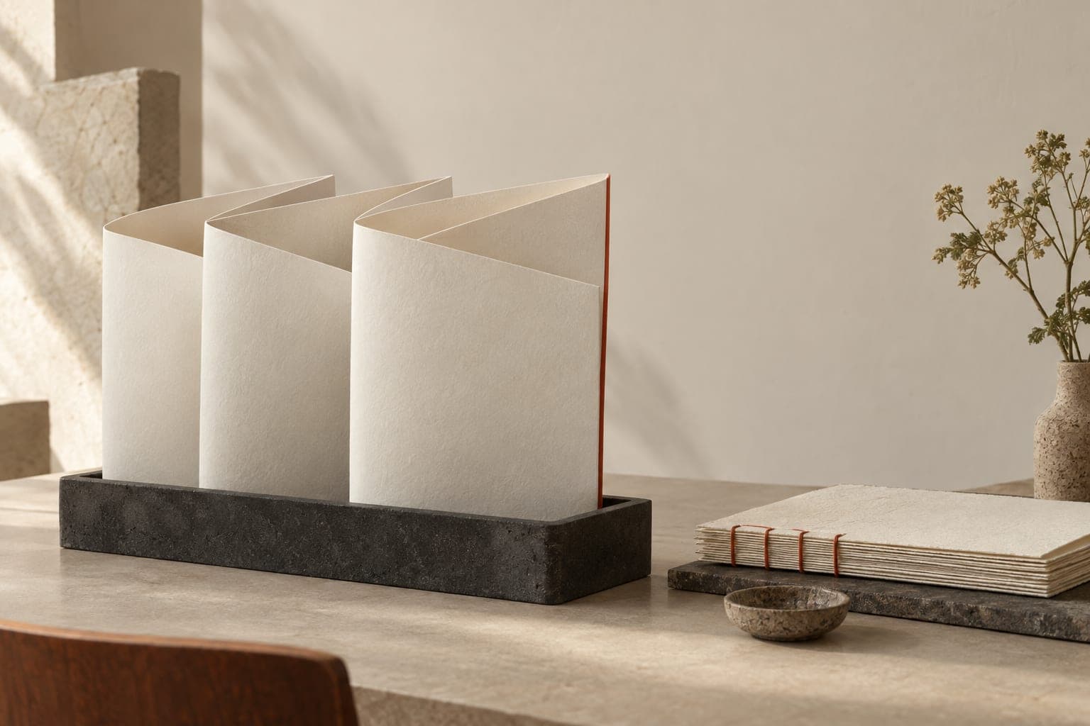 Three folded paper sheets in a charcoal trough