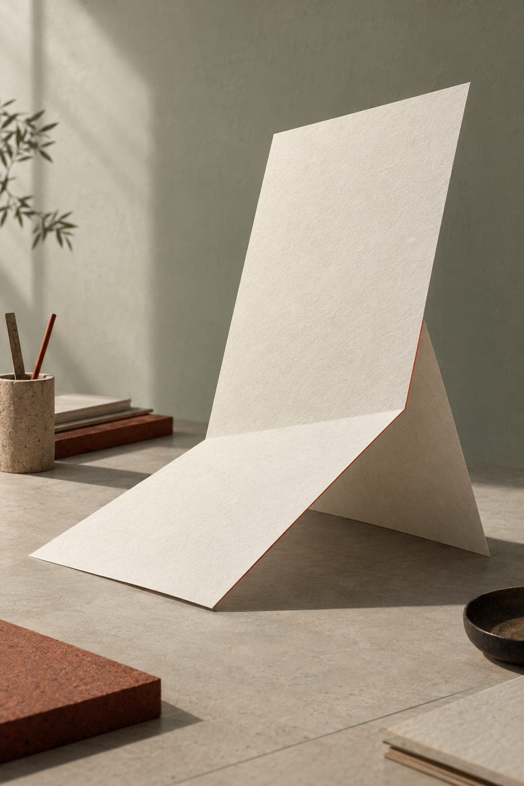 A tall blank folded paper sheet with a vermilion edge