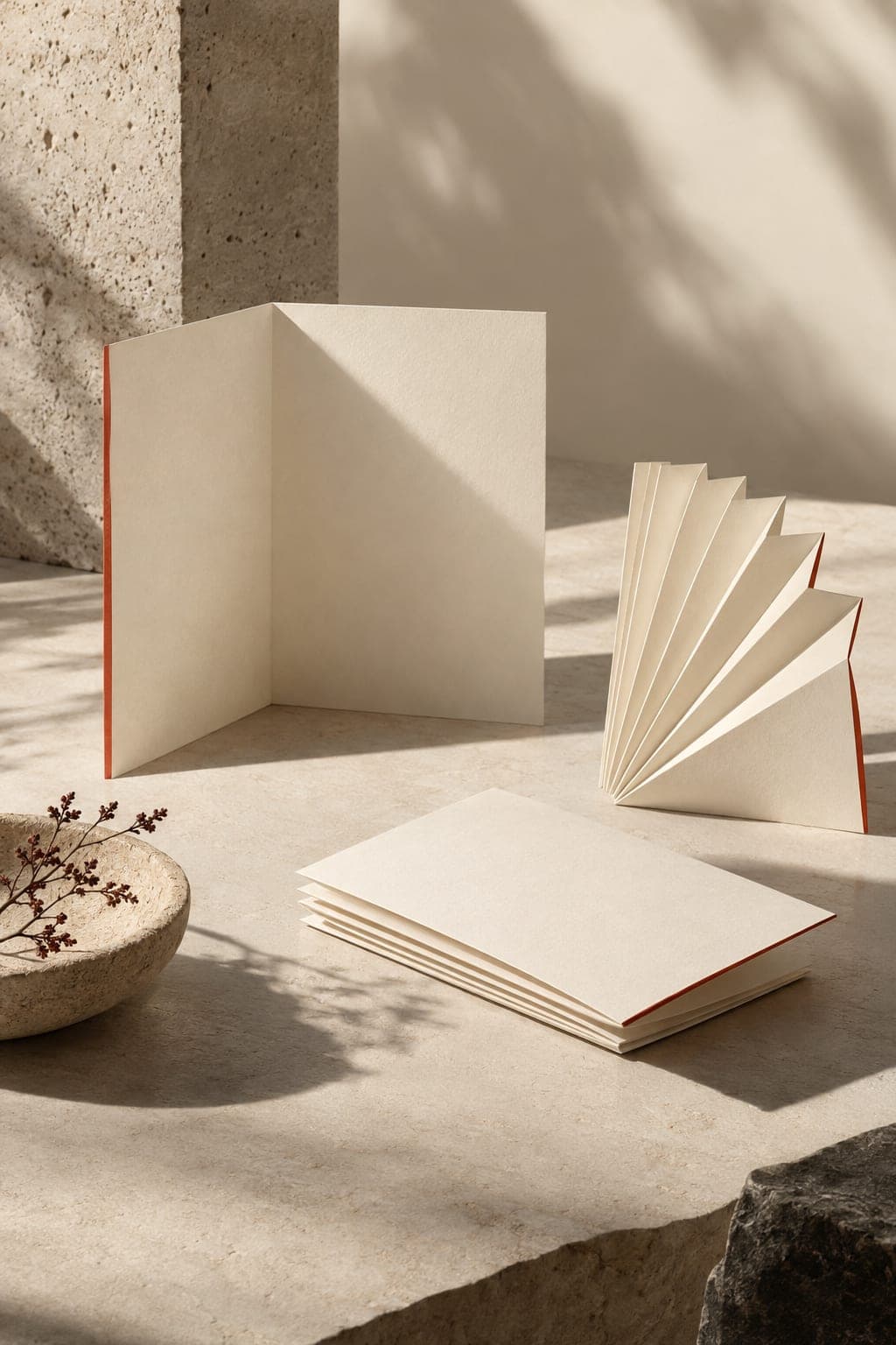 Open, stacked and fan-folded cream paper sculptures